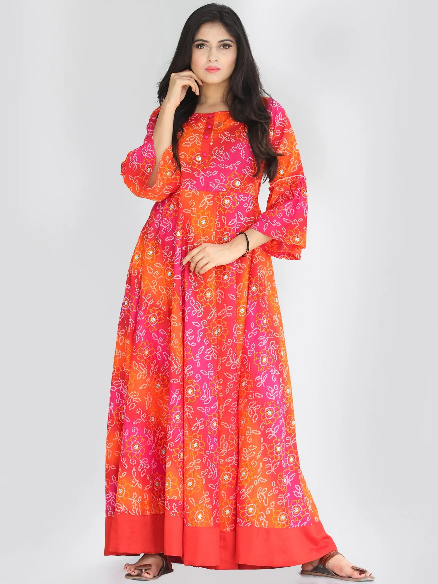 Maher - Pink Orange Bandhani Printed Urave Cut Long Mirror Work Dress  - D381F2238