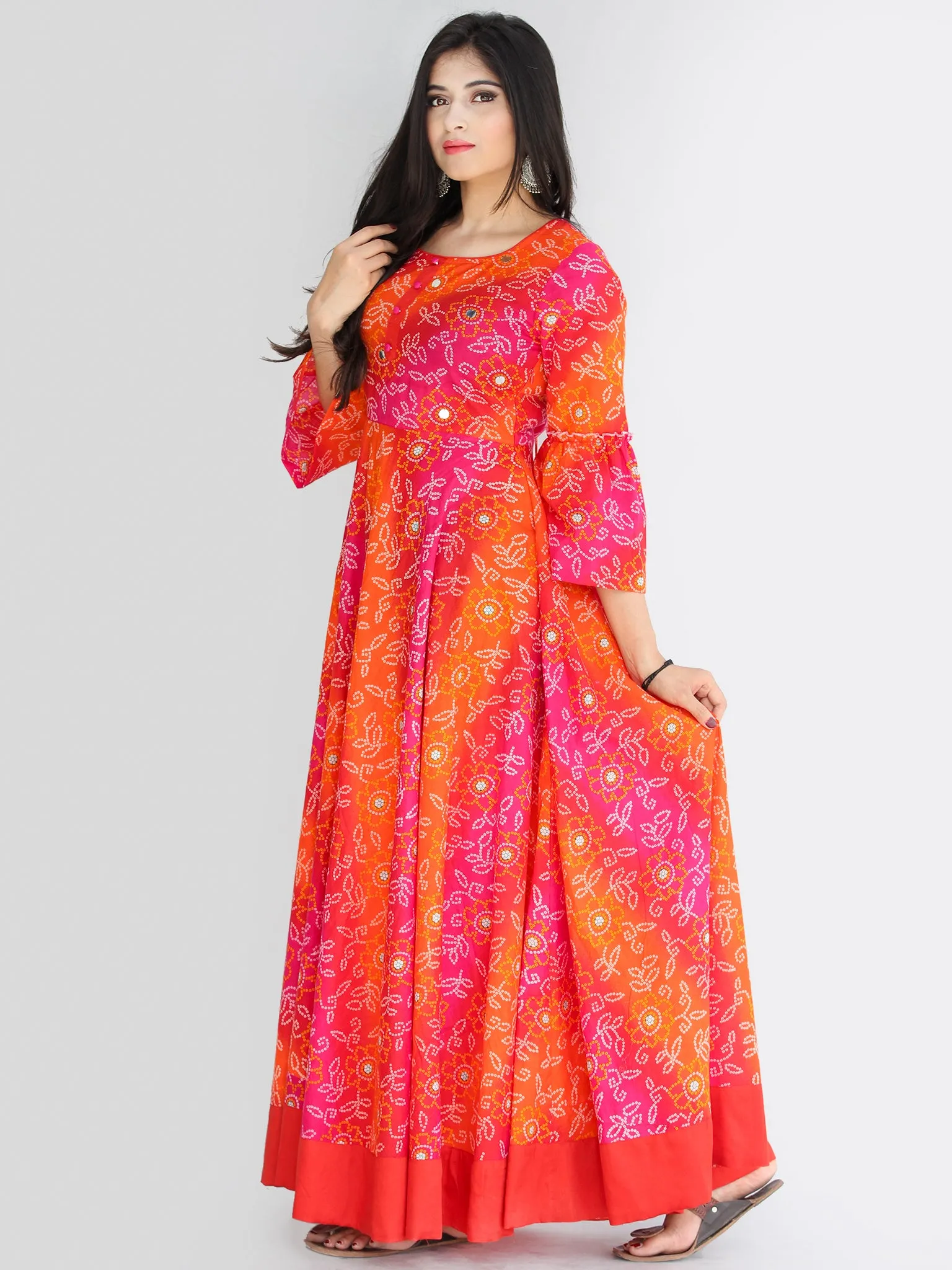 Maher - Pink Orange Bandhani Printed Urave Cut Long Mirror Work Dress  - D381F2238