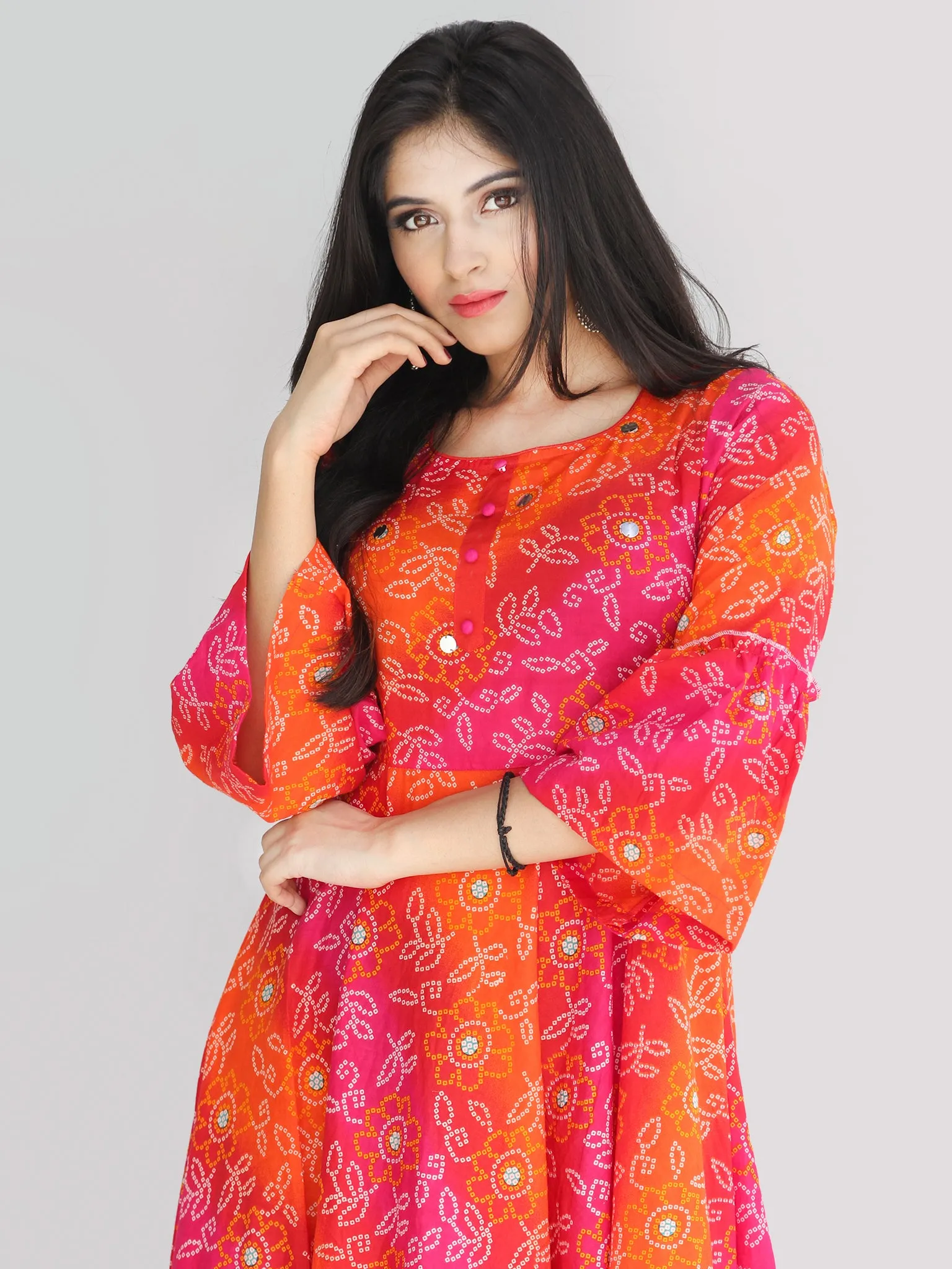 Maher - Pink Orange Bandhani Printed Urave Cut Long Mirror Work Dress  - D381F2238