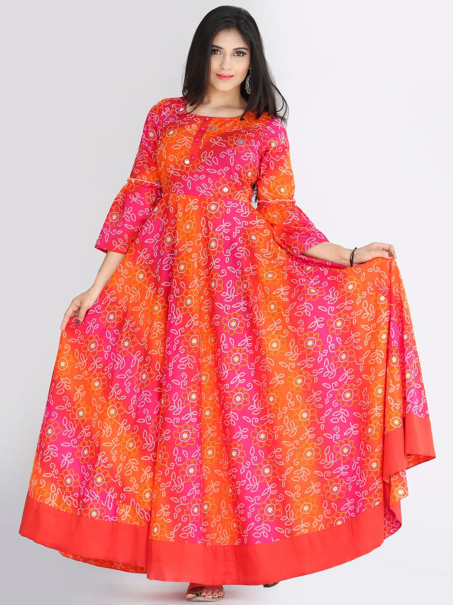 Maher - Pink Orange Bandhani Printed Urave Cut Long Mirror Work Dress  - D381F2238