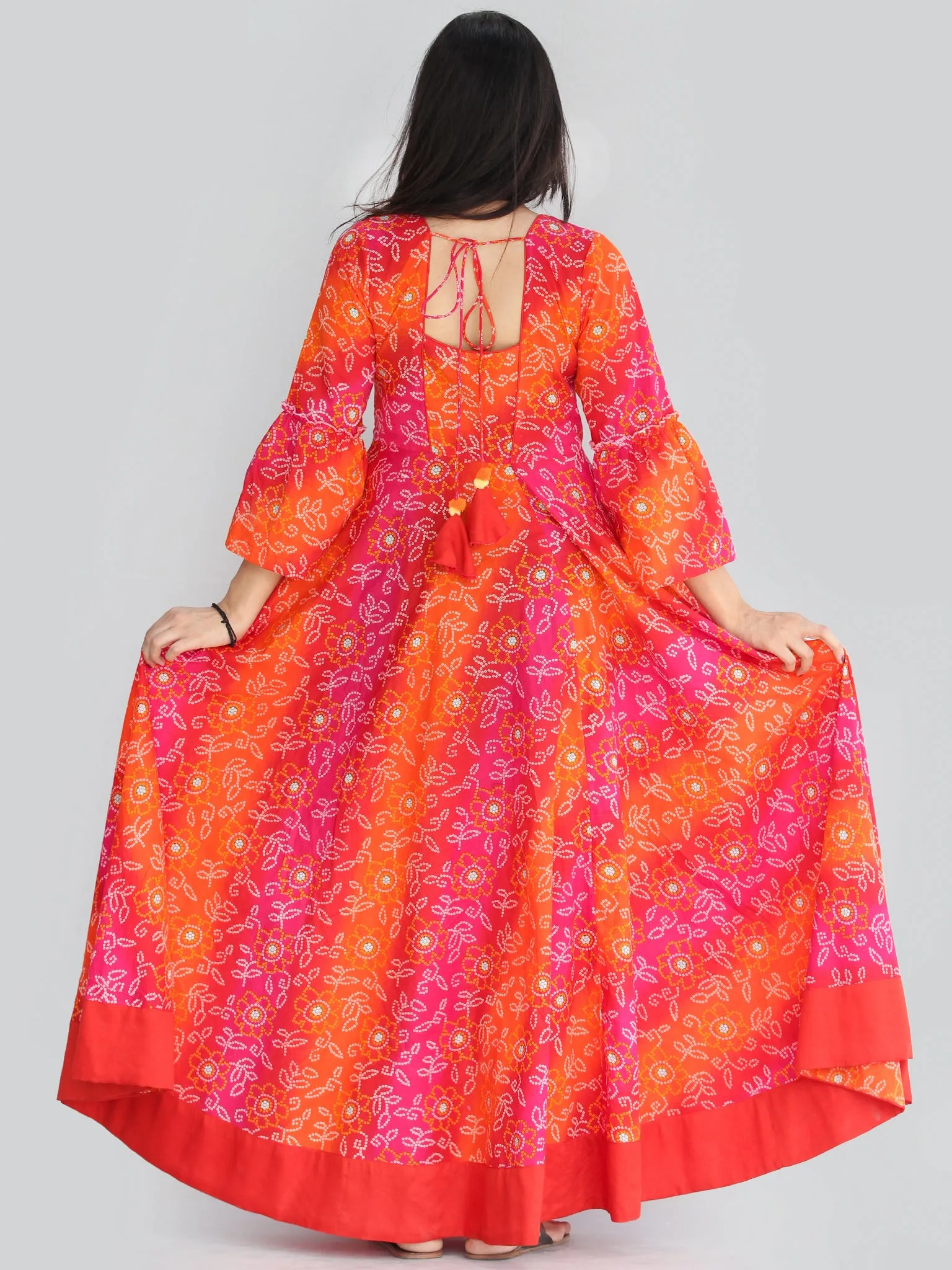 Maher - Pink Orange Bandhani Printed Urave Cut Long Mirror Work Dress  - D381F2238