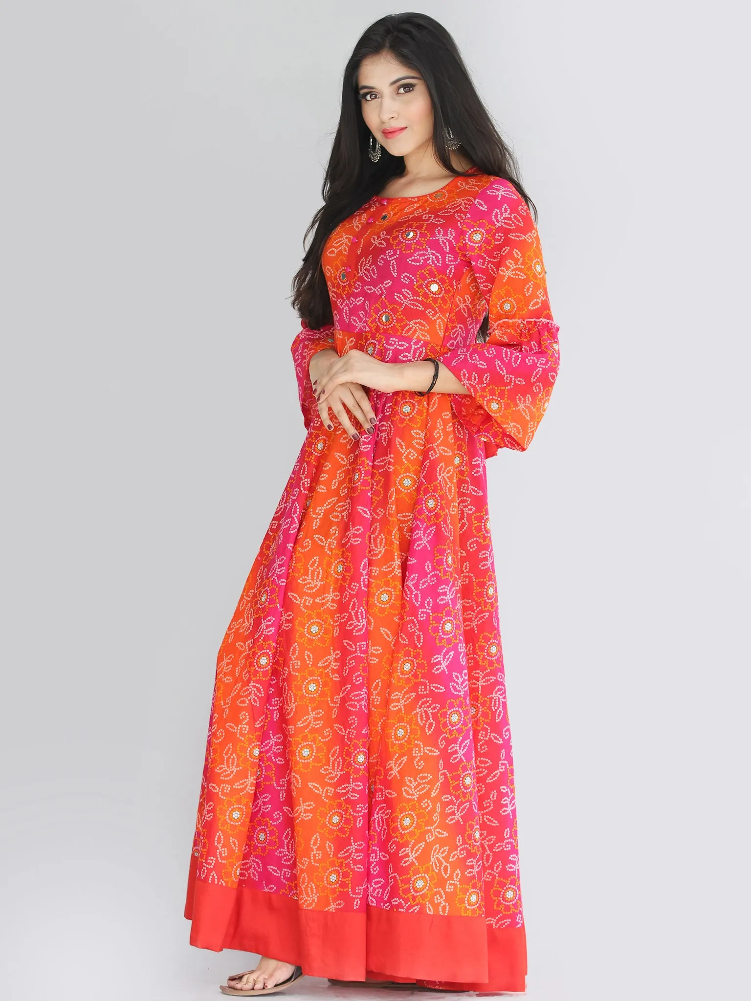 Maher - Pink Orange Bandhani Printed Urave Cut Long Mirror Work Dress  - D381F2238