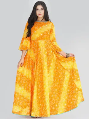 Maher - Yellow Orange Bandhani Printed Urave Cut Long Mirror Work Dress  - D381F2236