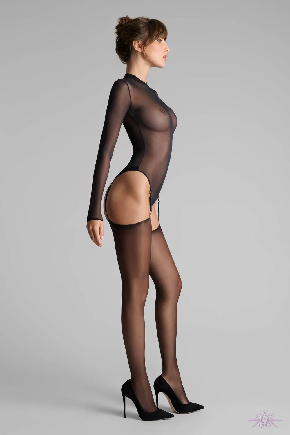 Maison Close Sheer Cut and Curled Lurex Gold Seamed Stockings