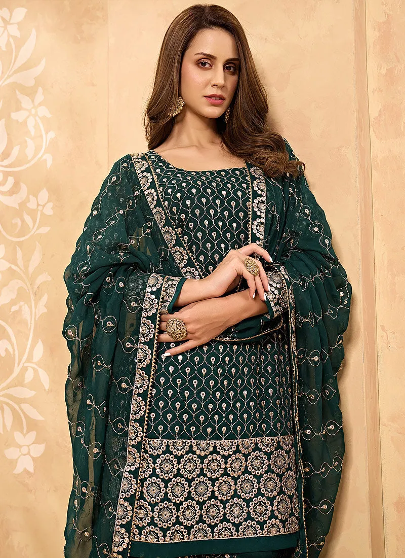 Majestic Green Mirror Embroidered Georgette Sharara Suit