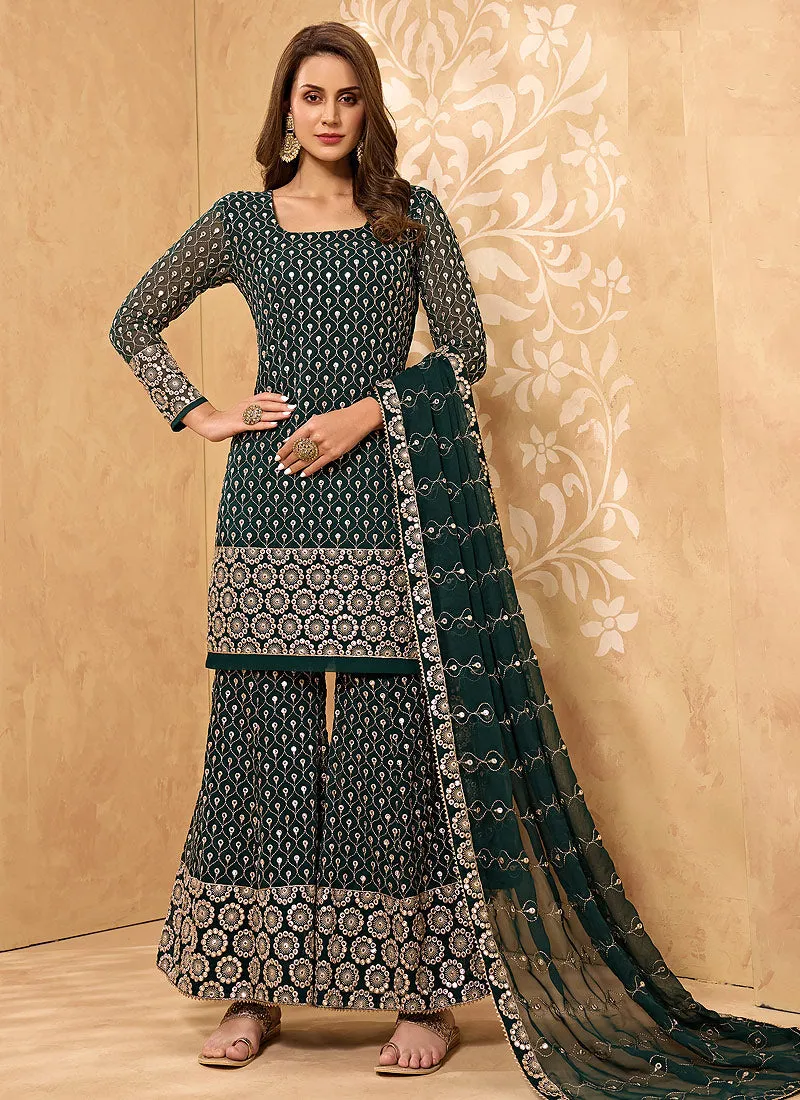 Majestic Green Mirror Embroidered Georgette Sharara Suit