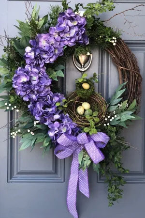 Majestic Purple Hydrangea Wreath with Bird's Nest