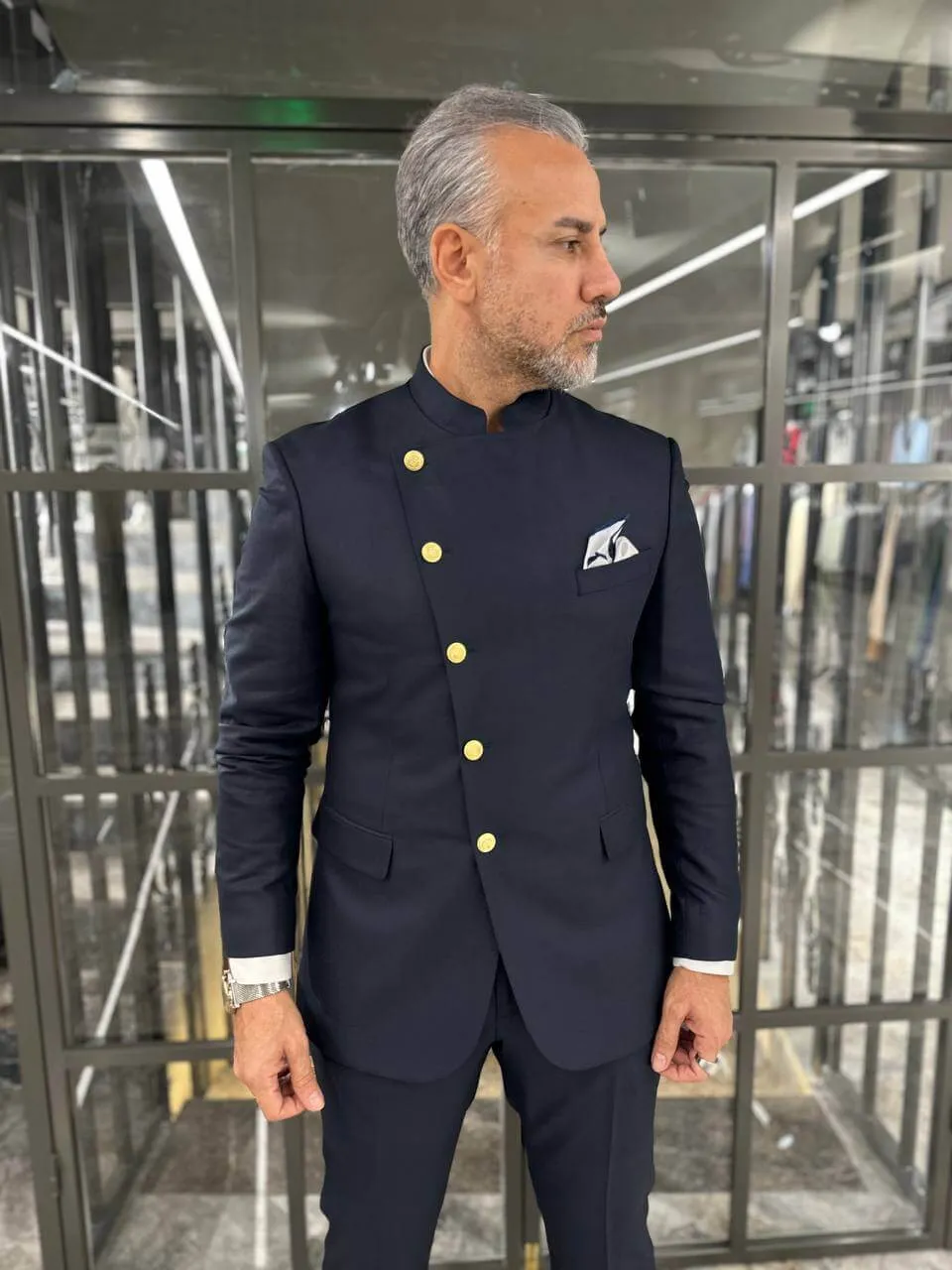 Majestic Regal Navy Mandarin Suit