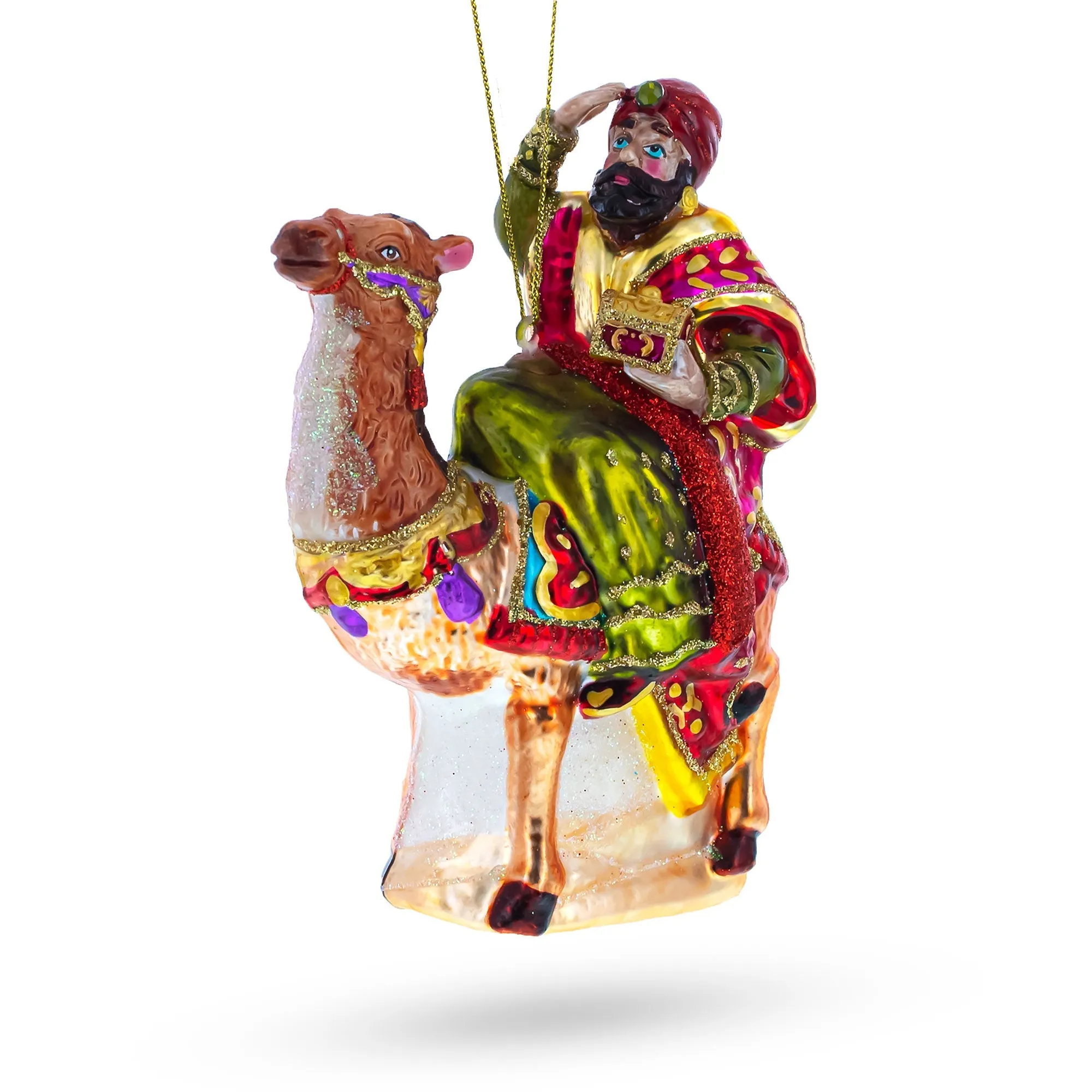 Majestic Wiseman Riding A Camel - Blown Glass Christmas Ornament