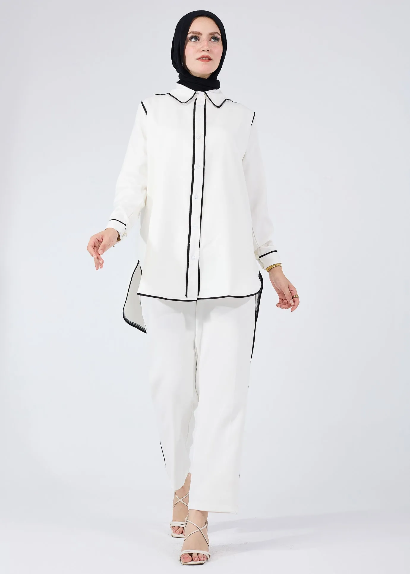 Majida Elegant Black-Piped White Modest Tunic with Matching Trousers