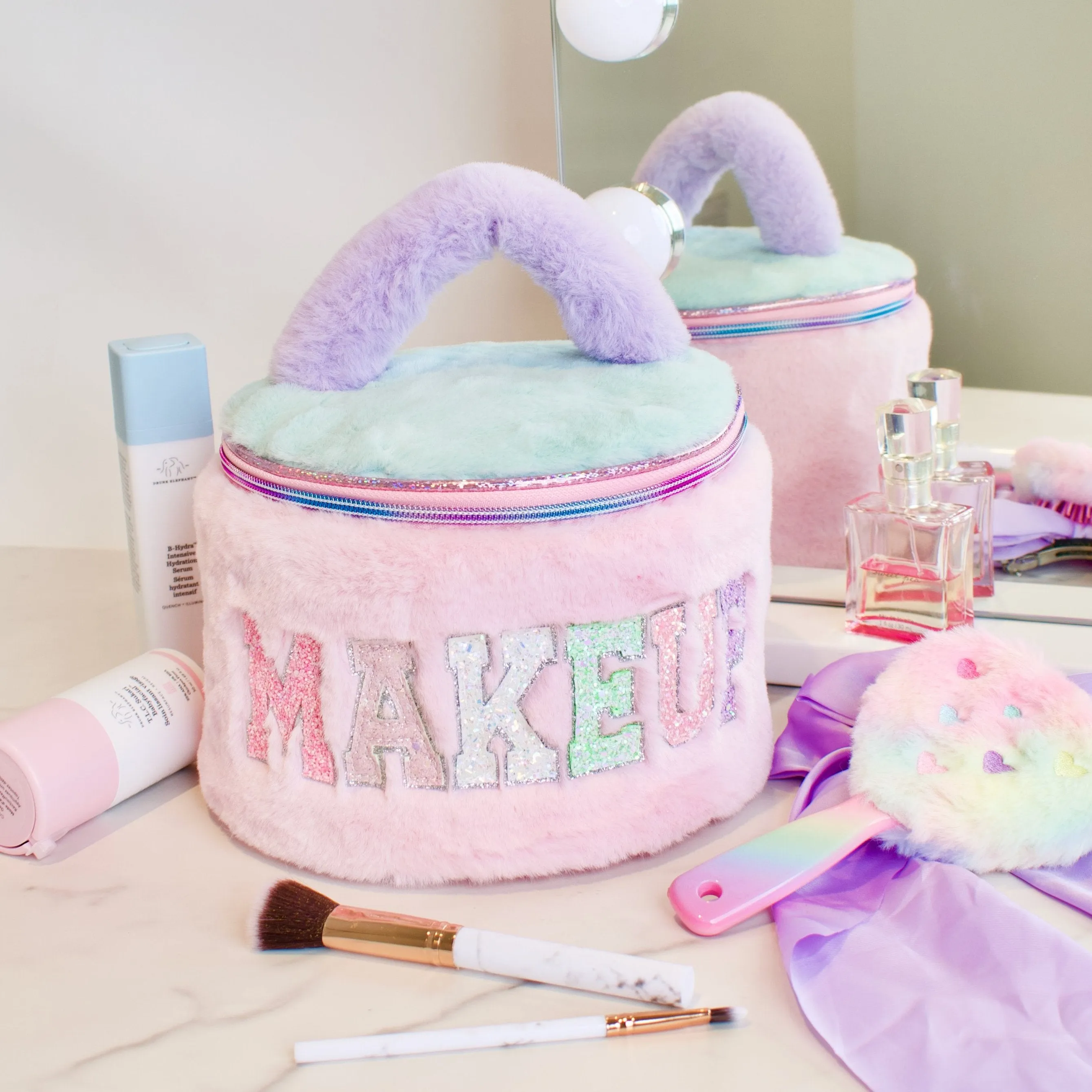 'Makeup' Color Block Plush Round Glam Bag