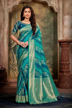 Malai Silk Light Blue & Dark Blue Saree With  Dark blue Blouse