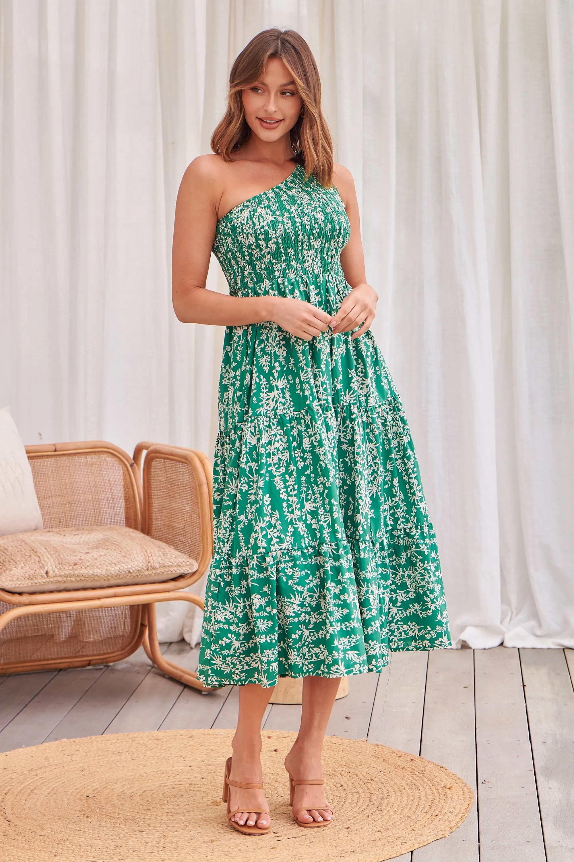 Malia One Shoulder Green Floral Shirred Dress