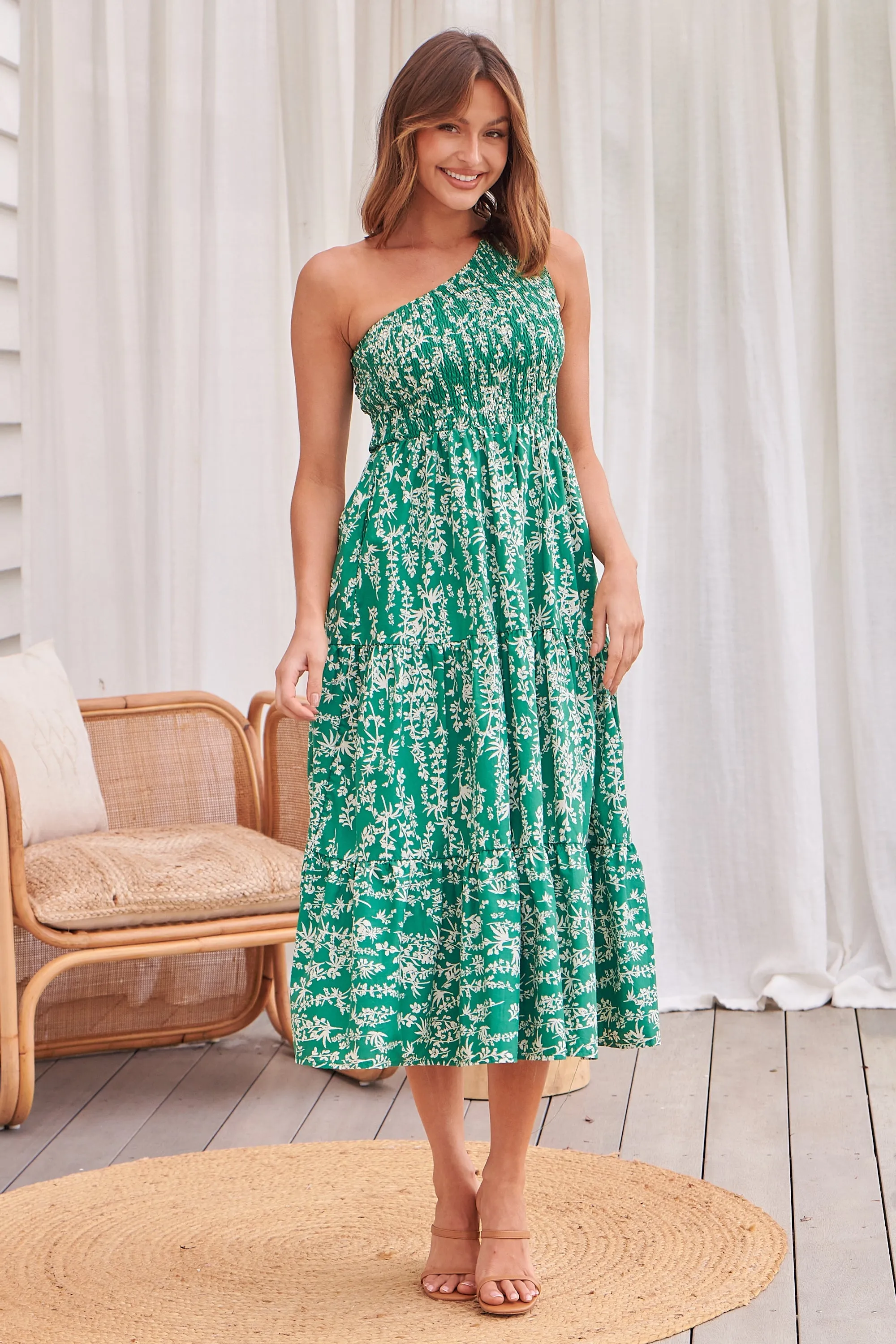 Malia One Shoulder Green Floral Shirred Dress