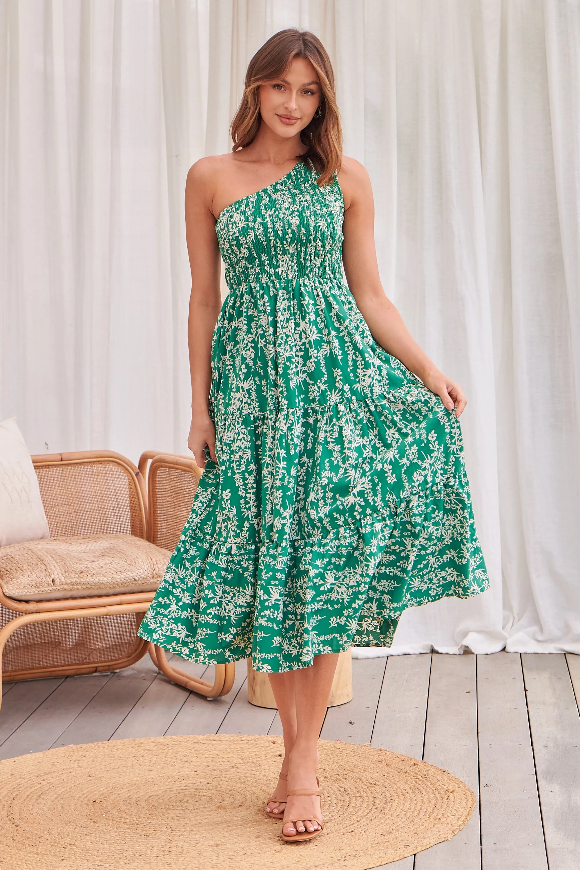 Malia One Shoulder Green Floral Shirred Dress