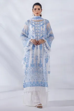 Malook - Julia - Blue & White - Chiffon Embroidered - 3 Piece - Unstitched