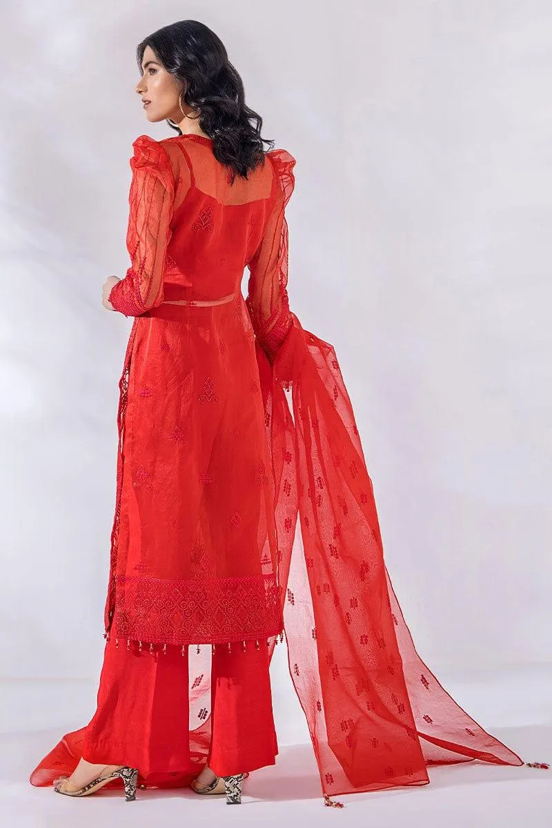 Malook - Samara - Red - Organza - Embroidered - 3 Piece - Unstitched