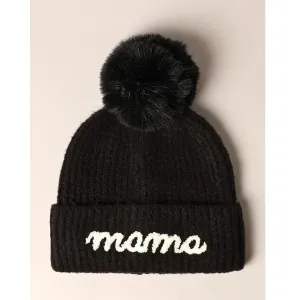 Mama Script Embroidered Pom Beanie in Black