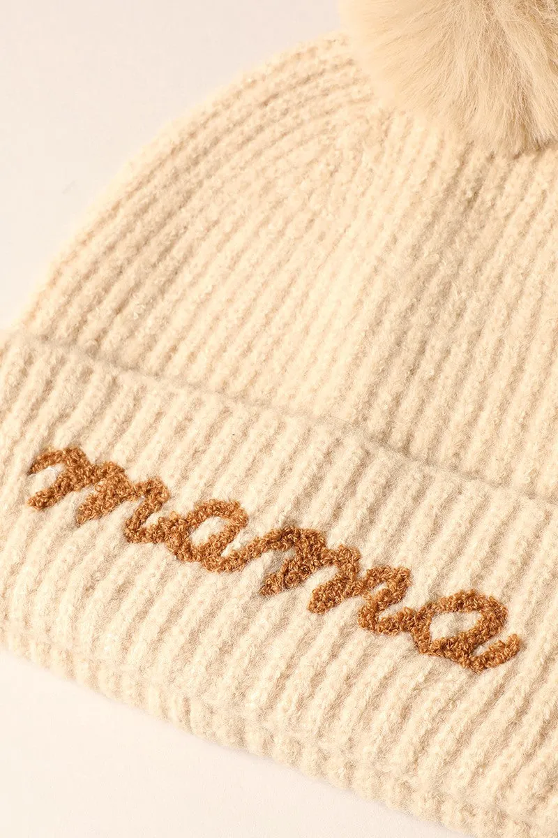 Mama Script Embroidered Pom Beanie in Oatmeal