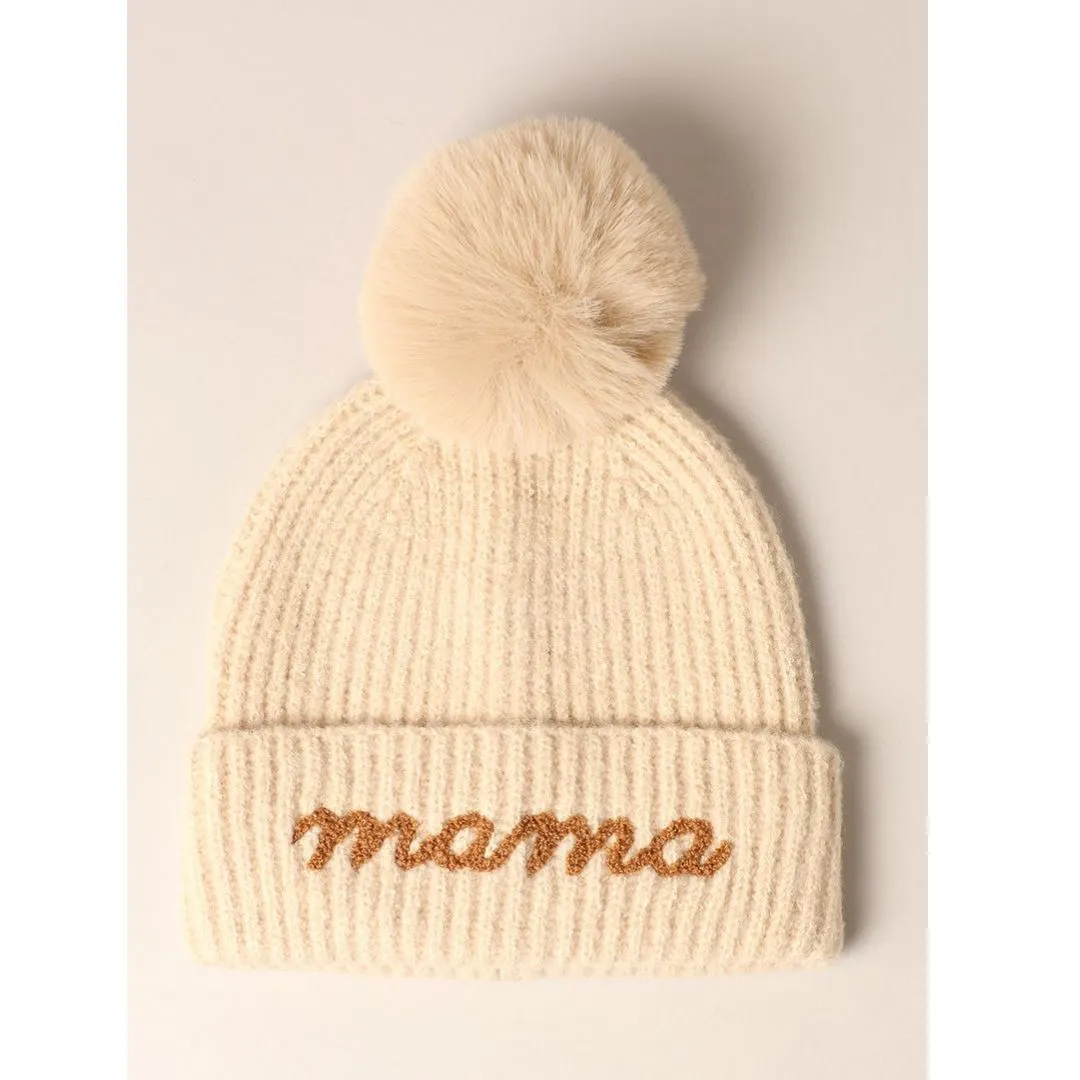 Mama Script Embroidered Pom Beanie in Oatmeal