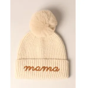 Mama Script Embroidered Pom Beanie in Oatmeal