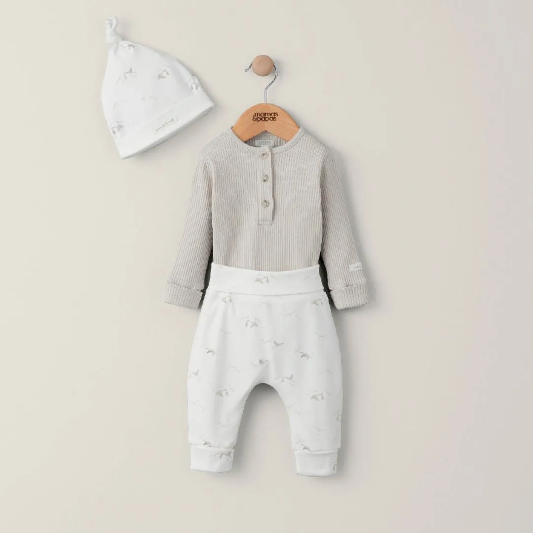 Mamas and Papas Ribbed Bodysuit, Stork Print Pants & Beanie - 3 Piece Set