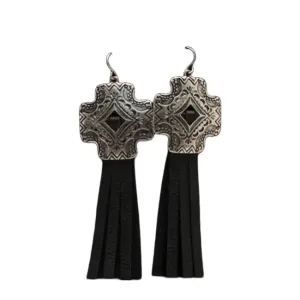 M&F Women's Silver Cross Concho Leather Tassel Earrings