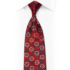 Man Road Rhinestone Silk Necktie Red Floral On Navy With Silver Sparkles