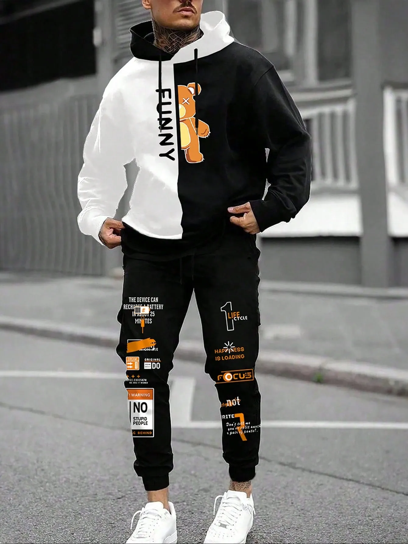 Manfinity Men Bear & Letter Graphic Two Tone Drawstring Hoodie & Sweatpants