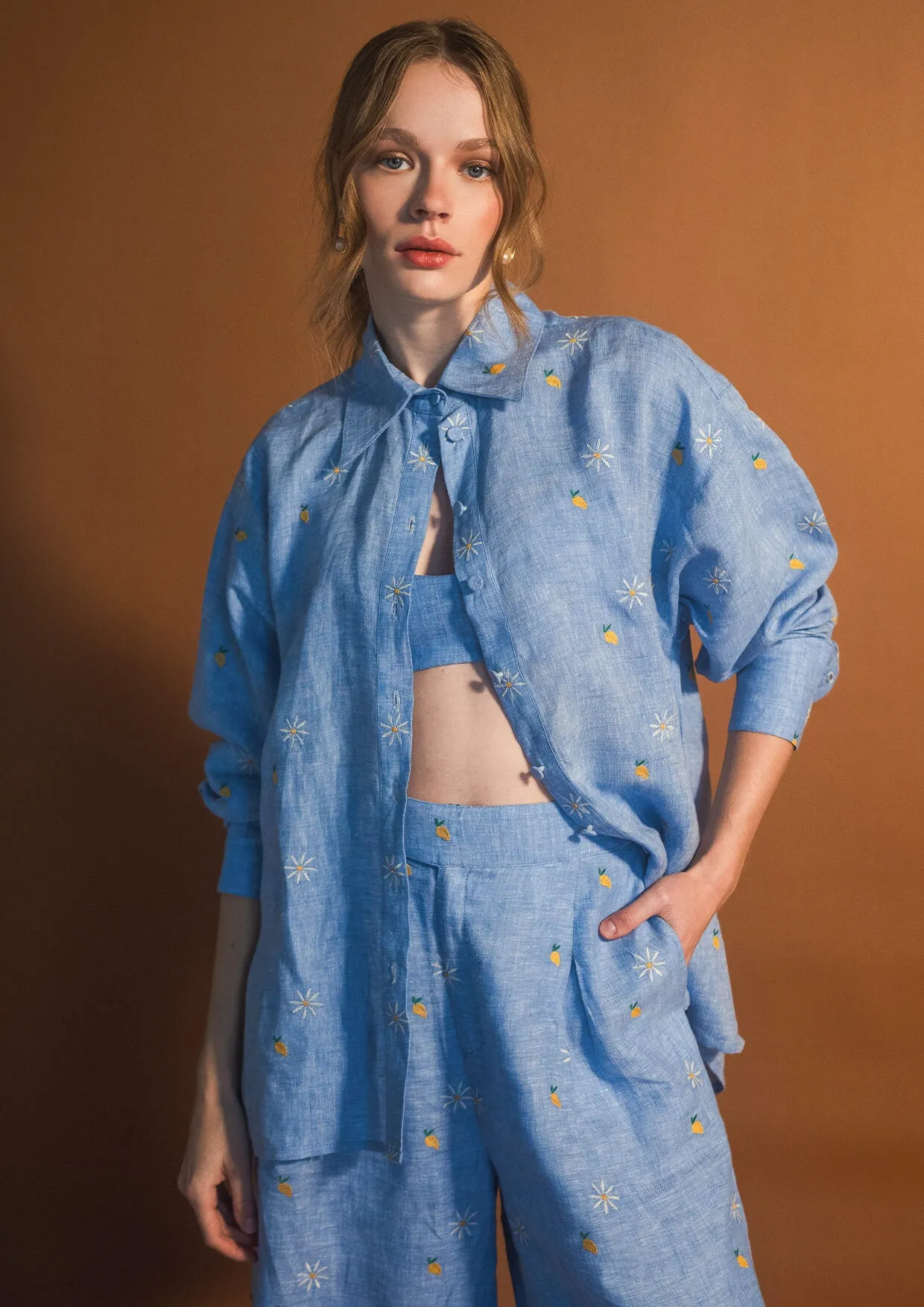 Mango Camomile Embroidered Button-Down Linen Shirt