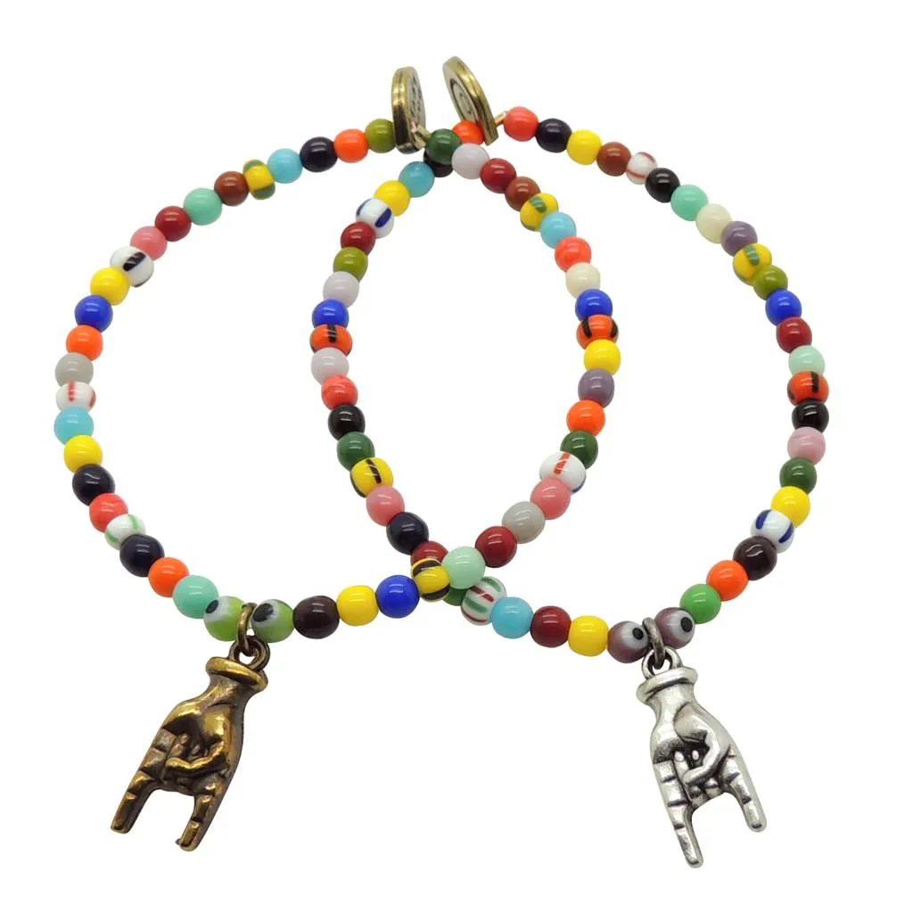 Mano Cornuto Hand Charm Balagan Glass Bead Bracelet