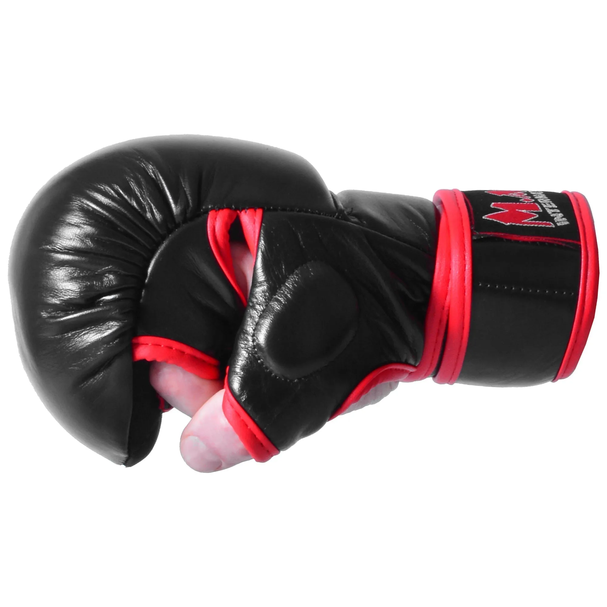 MAR-233B | Genuine Leather Black MMA Gloves w/ Red Piping