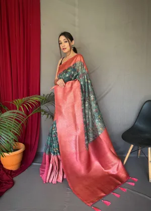 Marble Blue Pink Saree in Kora Muslin Kalamkari Silk