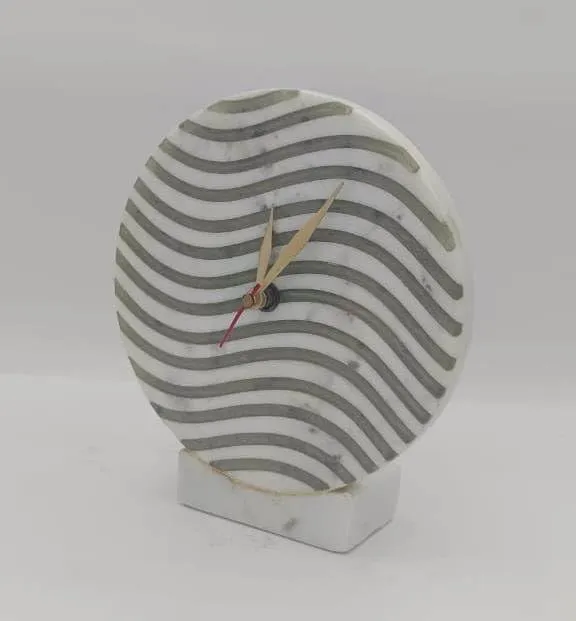 Marble Table Clock with White and Grey Striped Design, 15 cm Diameter