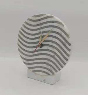 Marble Table Clock with White and Grey Striped Design, 15 cm Diameter