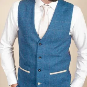 Marc Darcy Dion Blue Tweed Check Waistcoat