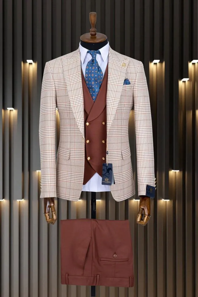 Marco Lorenzo Premium Beige & Rust Plaid Compose Slim Fit 3pc Suit