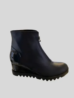 Marco Moreo Navy Leather Wedge Ankle Boot with Zip