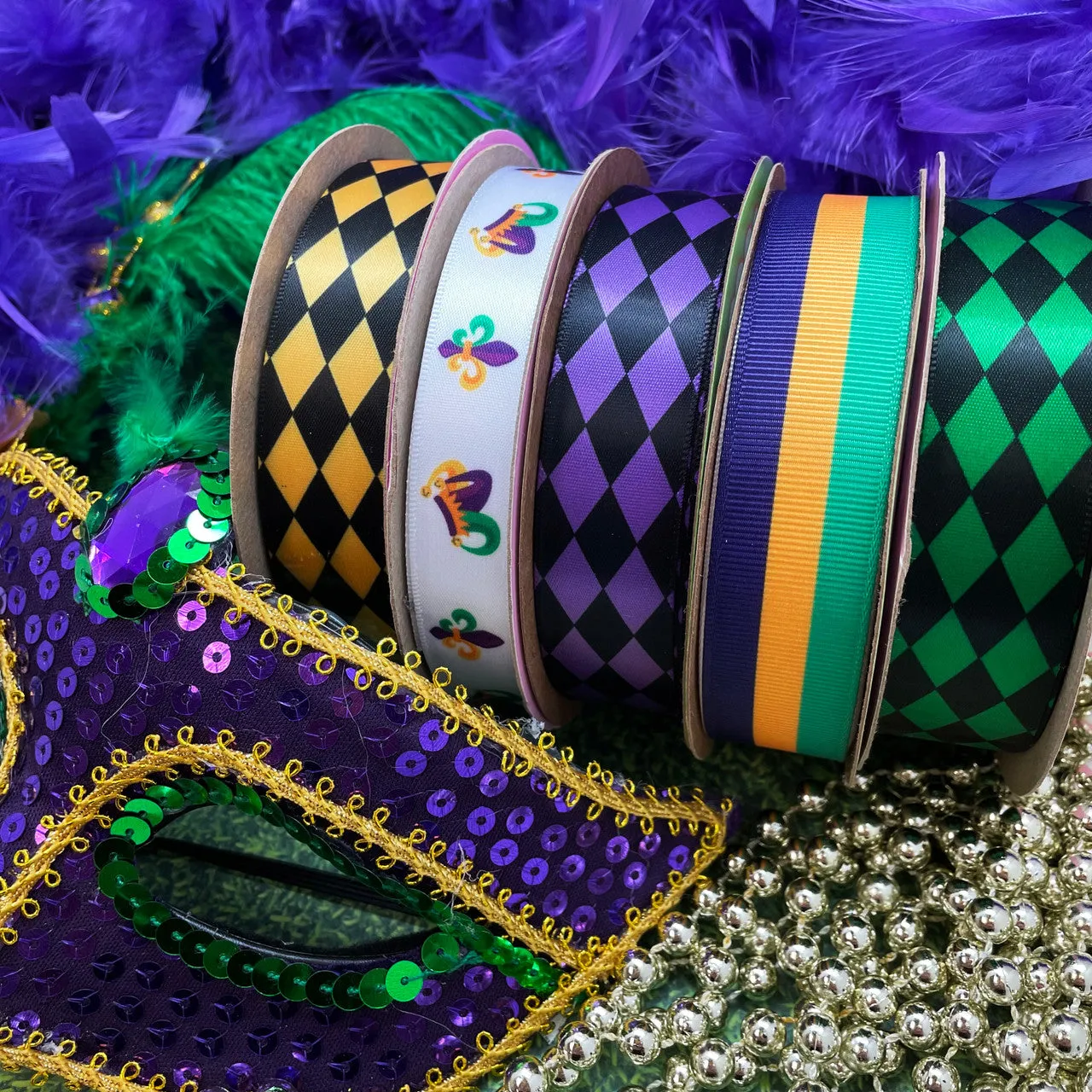 Mardi Gras Ribbon stripes perfect for party decor, gift wrap, cookies, candy, sweet shops, party favors, headbands printed on 7/8" grosgrain