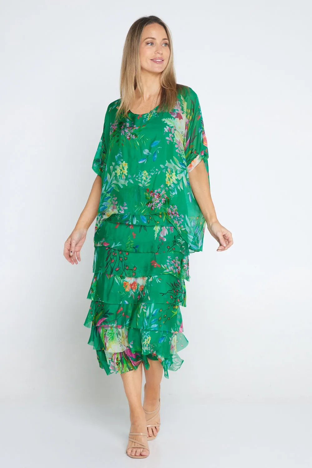 Margo Silk Dress - Emerald Botanical