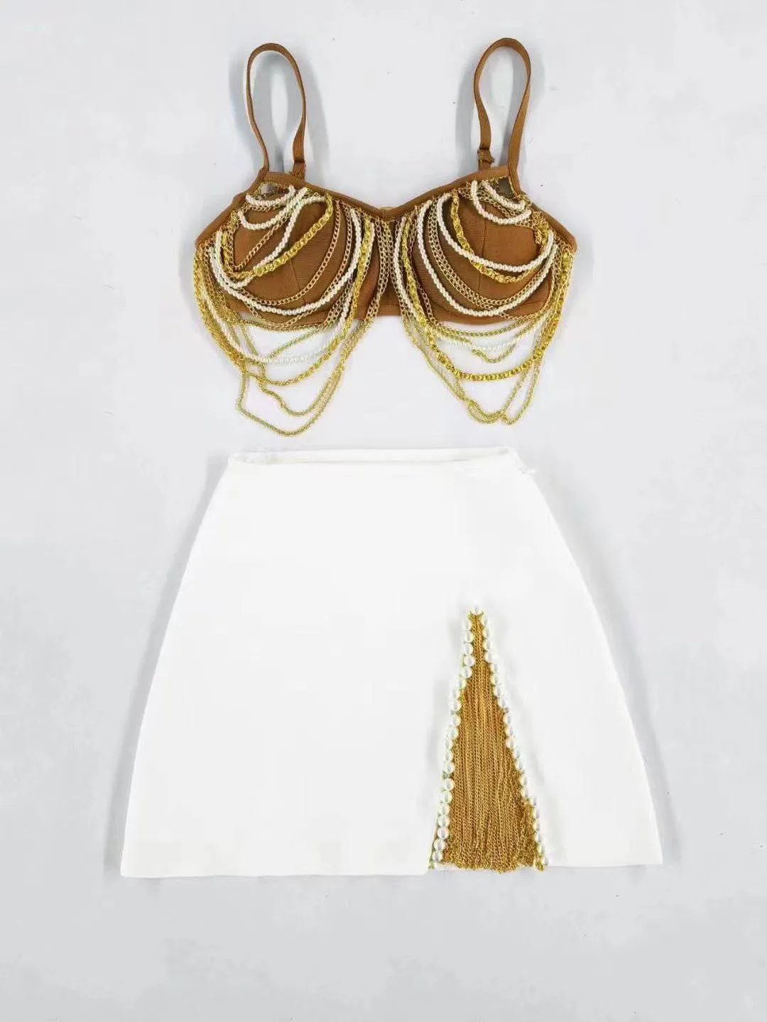 Marian Spaghetti Strap Pearl Chain Top & Skirt Set