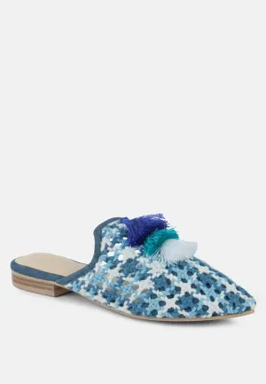 MARIANA Blue Woven Flat Mules With Tassels