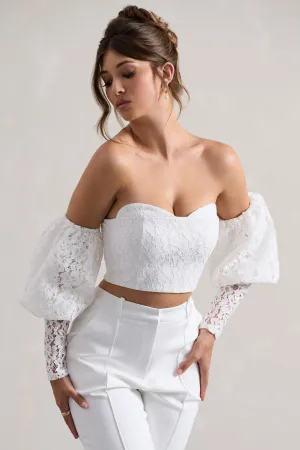 Marina | White Lace Bardot Puff-Sleeve Top