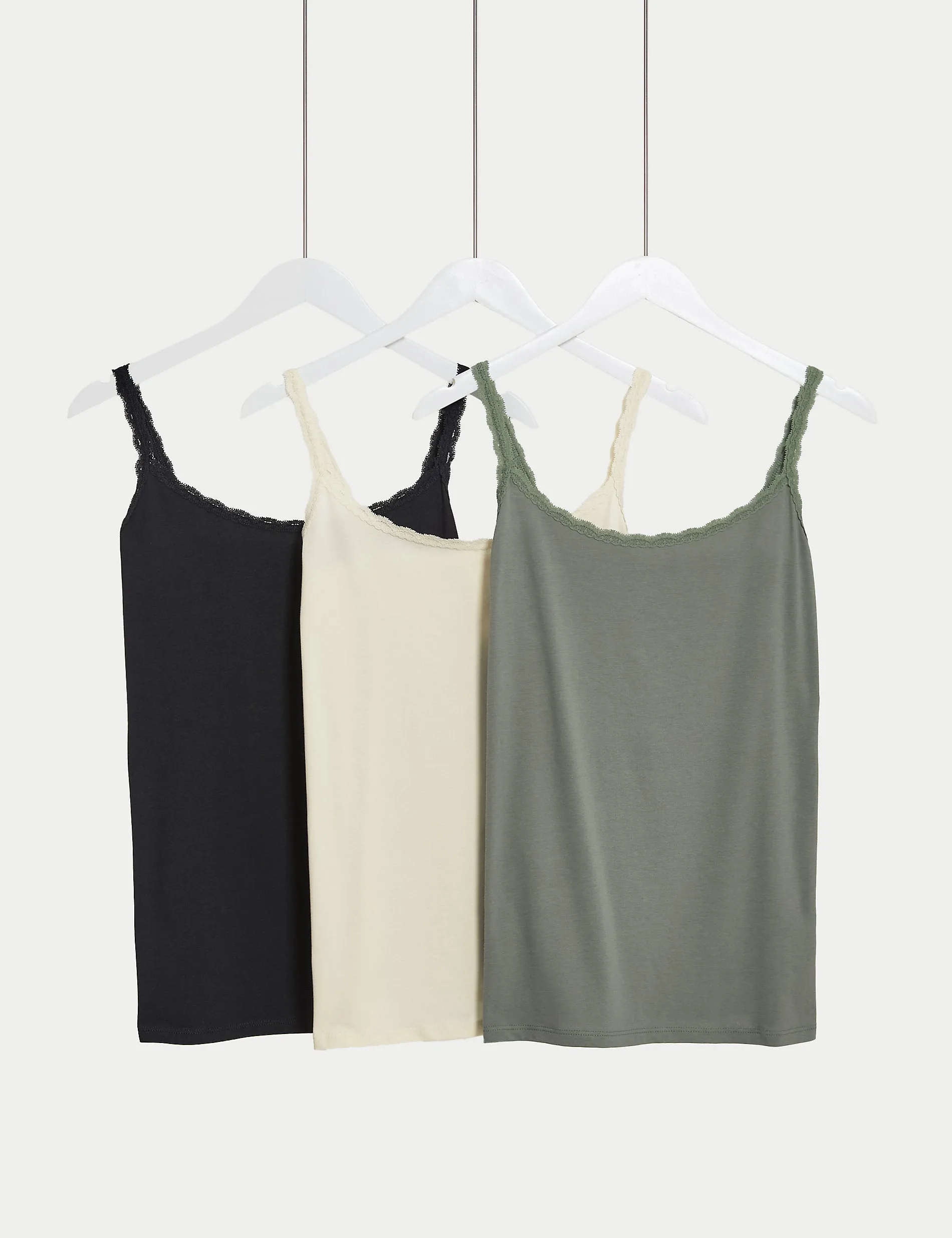 Marks & Spencer Cotton Lace Trim 3 Pack Vests, Green Mix