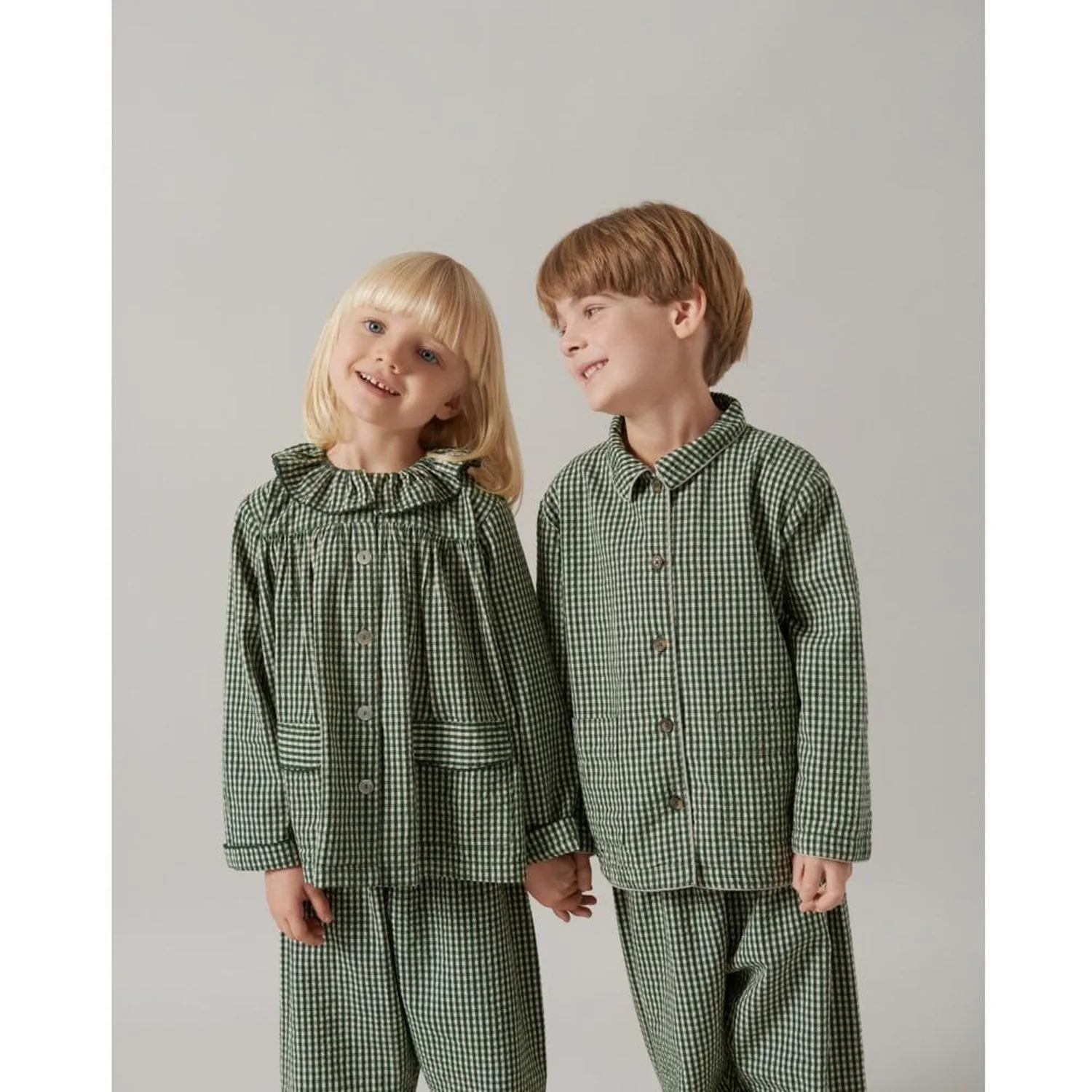 MarMar Cotton Seersucker Green Check Pajama Frill Set