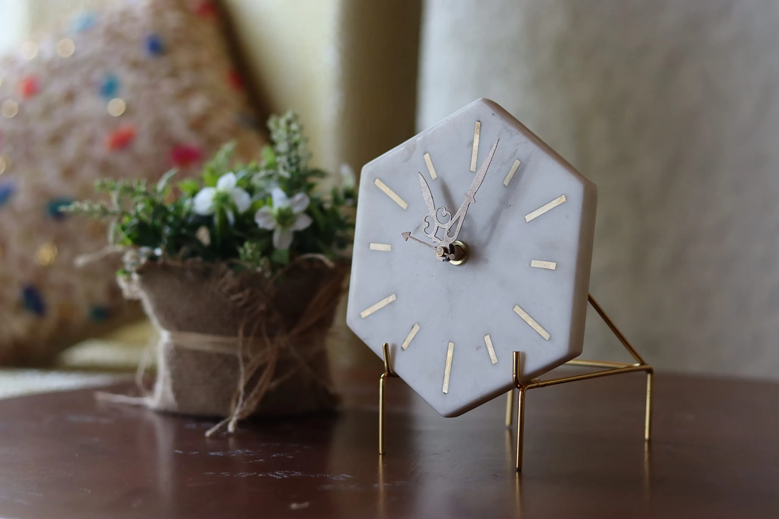 MARMEX Hexagon Marble and Brass Table Clock | Gold Color | Stylish Desk Clock | Marble Stand Clock for Home and Office