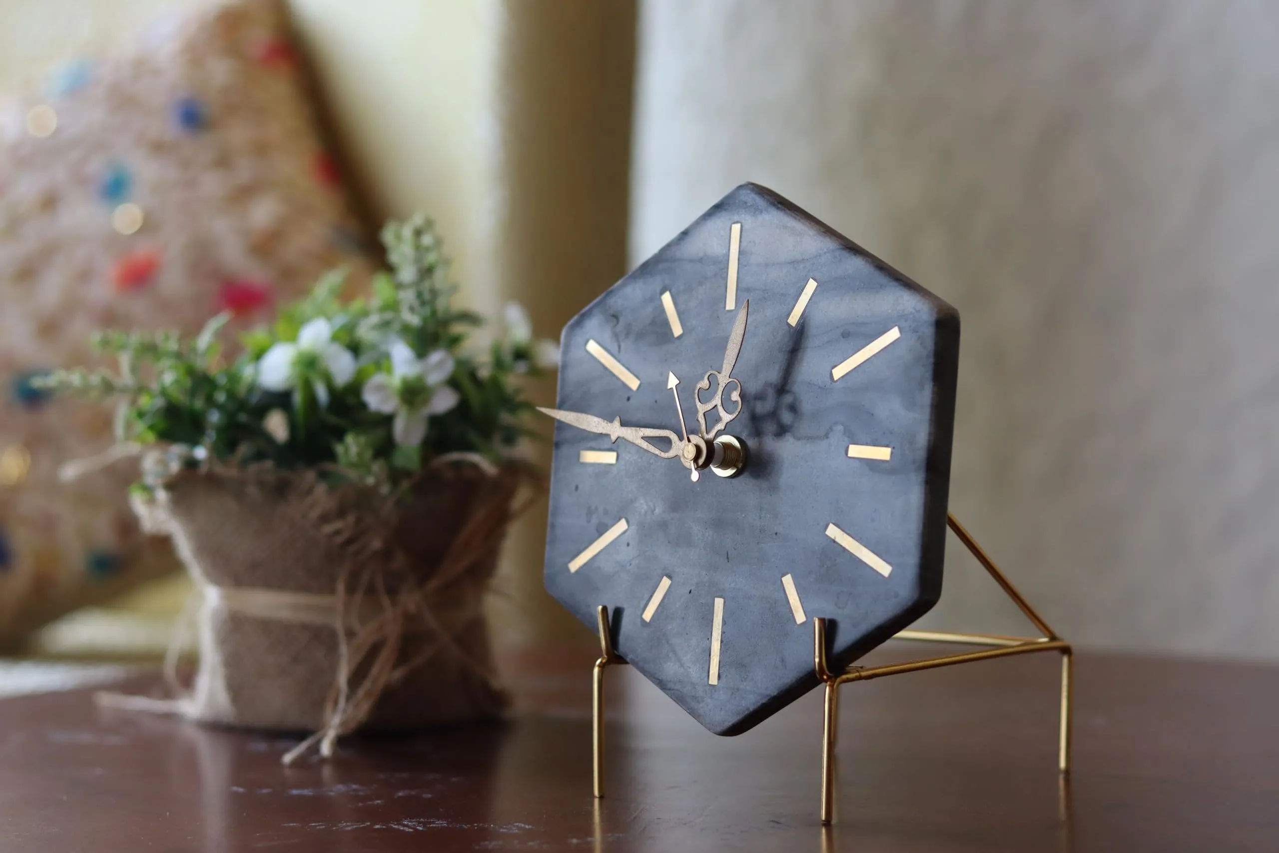 MARMEX Hexagon Marble and Brass Table Clock | Gold Color | Stylish Desk Clock | Marble Stand Clock for Home and Office