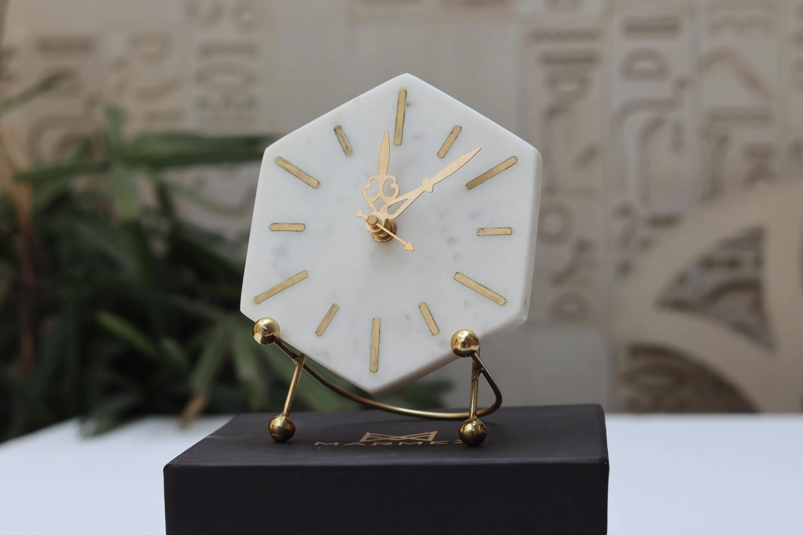 MARMEX Hexagon Marble and Brass Table Clock | Gold Color | Stylish Desk Clock | Marble Stand Clock for Home and Office