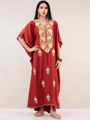 Maroon Aari Embroidered Kashmere Free Size Kaftan  - K12K041