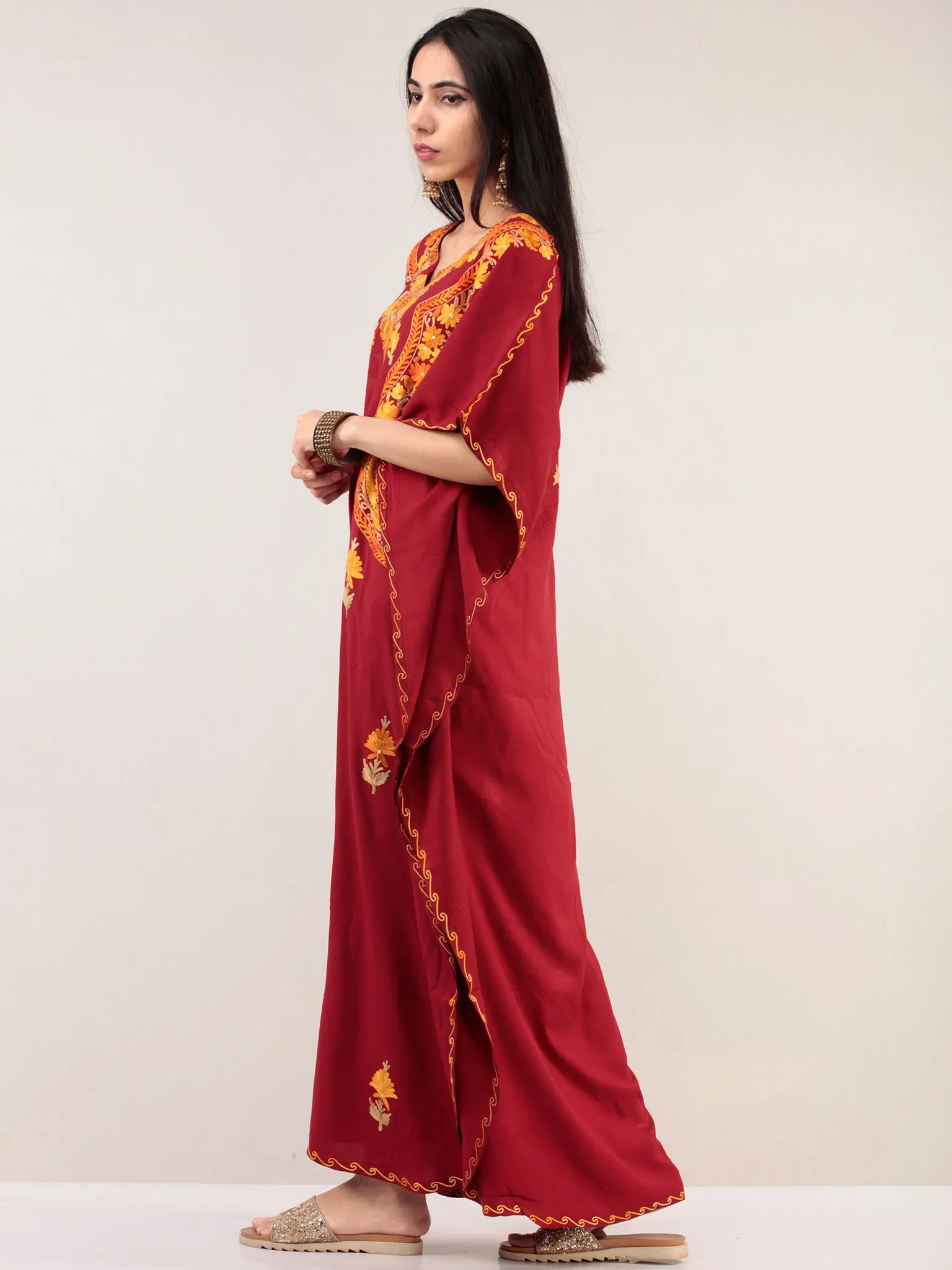 Maroon Aari Embroidered Kashmere Free Size Kaftan  - K12K045